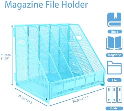 Desk Organizers Metal Magazine File Holder Racks Desktop Folder Storage Binder Organiser Document Organization for Home Office & Classroom,5 Vertical Compartments-Blue - Image 2