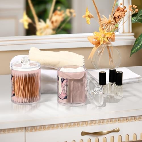 Fustylead 4 Pack Pink Cowgirl Boots with Ornament Plastic Apothecary Jar Set for Cotton Swab, Ball, Pad, Floss, Qtip Holder Dispensers for Bathroom Storage Organizer - Image 6