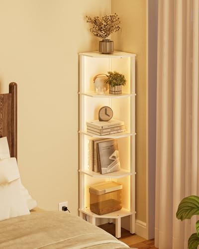 Corner Shelf Stand, 5 Tier Corner Bookshelf with Led Light,Corner Furniture for Bedroom Display Corner Shelf for Small Space,Wood Shelves with Storage Rack for Living Room,Office,White - Image 3