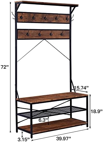 3-in-1 Entryway Coat Rack,Vintage Industrial Hall Tree 72 Inch with Storage Bench and Coat Racks Entryway Storage Shelf Organizer with 9 Hooks， Large Size, Wood Look Accent Furniture with Metal Frame - Image 6
