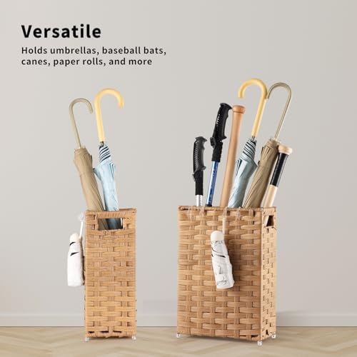 Rattan Umbrella Stand, Umbrella Holder for Entryway, Hand Woven Umbrella Rack Organizer Freestanding, with a Detachable Drip Tray, 4 Hooks, 6.5" L x 6.5" W x 16.5" H, Natural - Image 4