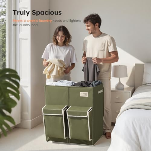 SOLEDI 180L Double Laundry Hamper with Lid and 2 Side Pockets, Dual Hamper - Image 3