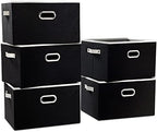 PRANDOM Larger Collapsible Storage Bins for Closet [5-pack] Decorative Linen Fabric Storage Baskets Cubes with Leather/Metal Handles for Living Room Black (17.3x12.2x10.4 Inch) by Prandom