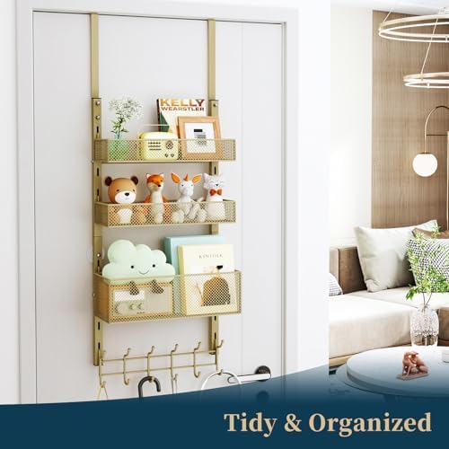 Consumest Over The Door Hooks Organizer - 4 Tier Door Coat Rack with 3 Baskets & 12 Hooks, Stainless Steel Towel Hanger for Bedroom, Bathroom, Living Room, Gold - Image 5