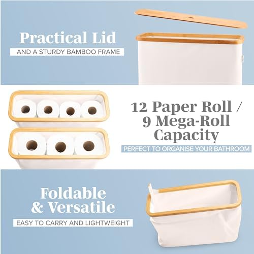 LONBET Toilet Paper Storage for 12 Rolls, Stackable & Foldable - The Ultimate Bathroom Organizer - Waterproof Basket with Bamboo Lid - Elegant Toilet Paper Storage Holder, Beige (Pack of 2) - Image 2
