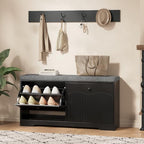 Halitaa Entryway Bench with Shoe Storage and Coat Rack, Fluted Storage Bench with Cushioned Seat and 2-Tier Flip-Drawer Shoe Cabinet, Shoe Bench for Hallway Mudroom Bedroom,Black by Halitaa
