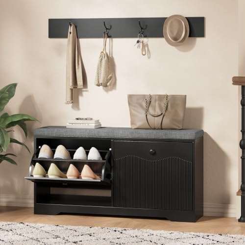 Halitaa Entryway Bench with Shoe Storage and Coat Rack, Fluted Storage Bench with Cushioned Seat and 2-Tier Flip-Drawer Shoe Cabinet, Shoe Bench for Hallway Mudroom Bedroom,Black by Halitaa