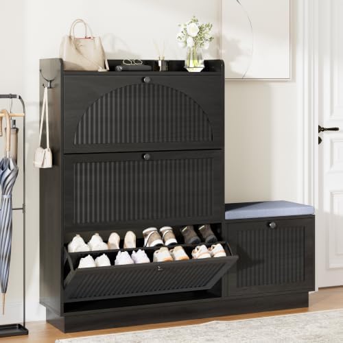 Shoe Cabinet with Bench, 4‑Flip Drawer Fluted Shoe Storage Cabinet with Removable Adjustable Shelves, Side Hooks & Anti‑Tip Device, Freestanding Entryway Shoe Organizer for Hallway, Black by Pekdi