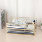 BTSKY 2 Pack Golden Glass Desk Tray, Multi-Purpose Organizer for A4 Paper, Documents, Desk Supplies, Makeup, Clear File Tray with Metal Frame, Stackable Decorative Storage for Home Office Vanity - Image 7