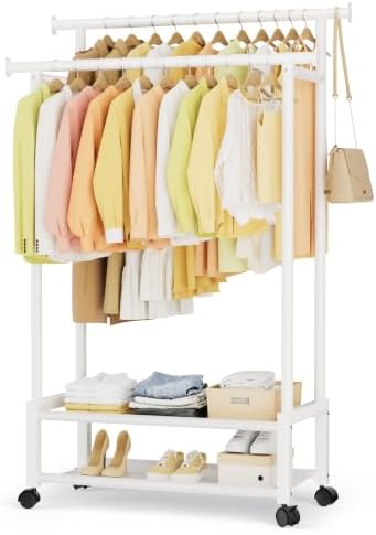 Double Rod Clothing Rack with 2 Shelves, Rolling, White by SpaceHidden