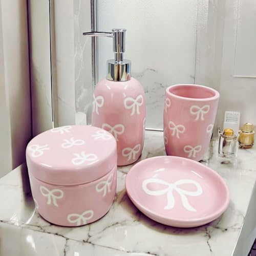 Bow Bathroom Set, 4 Pcs Ceramic Bathroom Accessory Sets - Soap Dispenser, Tumbler Toothbrush Holder, Vanity Soap Tray, Cotton Swab Jars - Pink Bathroom Decor Gift for Her (Pink) by Luxape