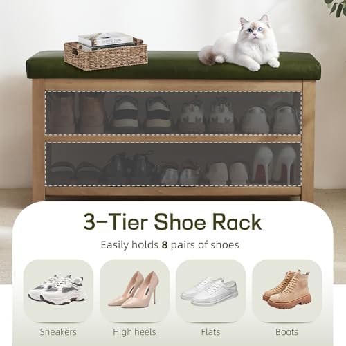 Zihanhome Shoe Rack Bench with Leather Cushion, 2 Tier Solid Wood Storage Bench, Mid-Century Modern Shoe Bench for Entryway, Hallway, Closet, Front Door Entrance, Foyer (Green, 39.4") - Image 6