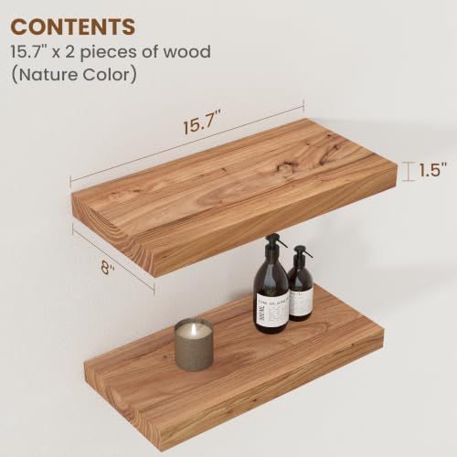 Floating Shelves for Wall, 8" Deep Rustic Solid Elm Wood Floating Shelves Wall Mounted, Wall Shelves with Invisible Bracket for Living Room Bedroom Bathroom Kitchen, 15.7 Inch Set of 2, Natural - Image 2