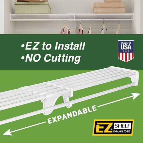 EZ Shelf - Hanging Shelf - Closet Rod - Expands 17.5-27” - White, Closet Shelves - Strong, Holds 200 lbs - DIY, Easy Install - to 2 Side Walls - Alternative to Wire Shelving - Image 4