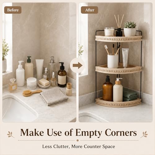 Novabright 3-Tier Corner Bathroom Counter Organizer Wooden Metal Shelf - Image 4