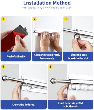 BaiNong Adhesive Valet Rod for Closets Pull Out 16.5" Silver with 10 Hooks - Image 7