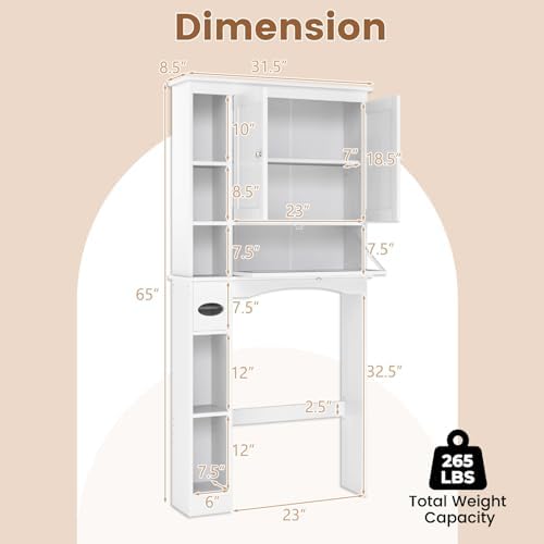 Giantex Over The Toilet Storage Cabinet, 31.5''W Freestanding Space Saver with Doors, Adjustable Shelf & Toilet Paper Holder, Over Toilet Bathroom Organizer for Laundry, Restroom, White - Image 2