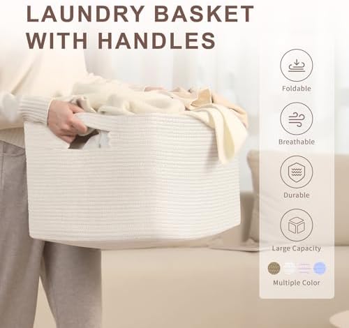 72L Large Woven Laundry Basket Hamper with Handles, White - Image 4