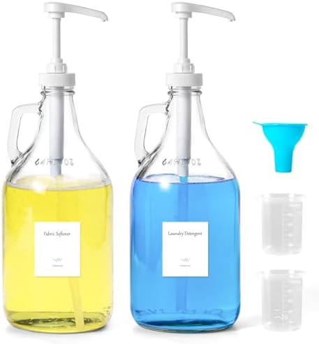 Glass Laundry Detergent Dispenser with Pump, 64OZ Liquid Laundry Soap Dispenser, Fabric Softener Dispenser Bottle for Laundry Room Organization and Storage, 2 Pack by Unknown