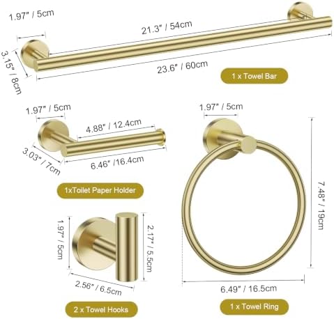 TURS Brushed Gold Bathroom Hardware Set 5 Piece, SUS304 Stainless Steel Bath Towel Bar Set, 24 Inch Bathroom Accessories Kit Wall Mounted - Image 7
