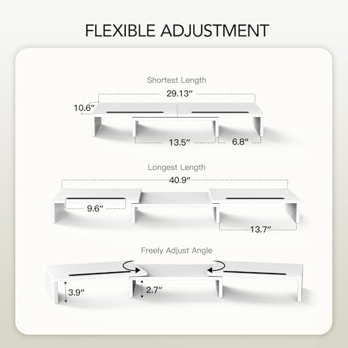 AMERIERGO Dual Monitor Stand Riser- 3 Shelf Screen Stand with Adjustable Length and Angle, 2 Extra Functional Slot Desktop Organizer Stand for PC, Computer, Laptop (White) - Image 2