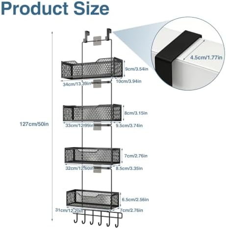 Over The Door Organizer with 4 Adjustable Baskets & Coat Hook, Metal Large Capacity Hanging Door Storage for Bathroom, Bedroom, Kitchen, Pantry & Closet, Black - Image 2