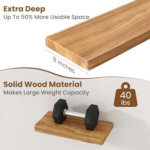Floating Shelves for Wall, 16"Wx8"D Rustic Solid Elm Wood Floating Shelves Wall Mounted, Round Edge Wall Shelves with Invisible Bracket for Living Room Bathroom Bedroom Kitchen, Set of 2, Natural - Image 5