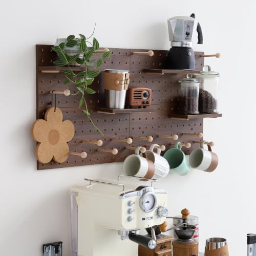 Wooden Pegboard Modular Display Organization Storage Wall Hooks Shelf (Walnut Colored Finish-B-4) - Image 2