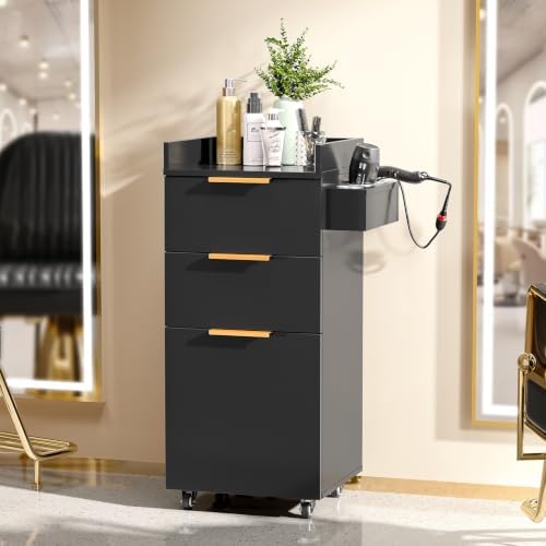 OmySalon Salon Cart with Wheels, 3-Tier Rolling Hair Styling Station, 2 Drawers & Adjustable Shelf, Hair Dryer Holder, Mobile Organizer for Salon, Barber, Spa, Nail & Beauty Tools, Black - Image 2