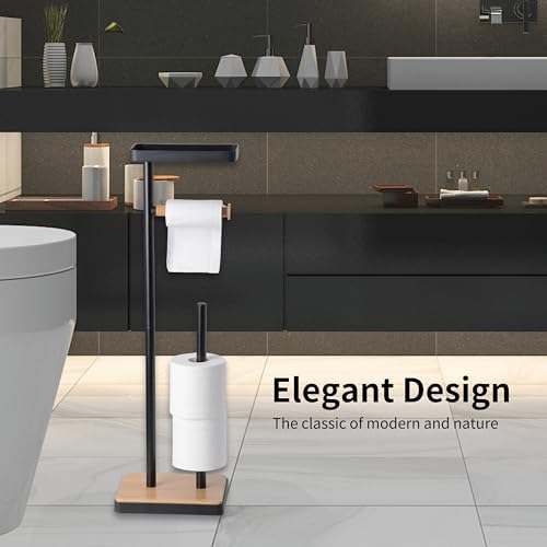 Clasin Home Toilet Paper Holder Stand, Free Standing Toilet Paper Holder with Storage and Top Shelf, Black Toilet Paper Stand Weighted Base with Bamboo Design for Bathroom - Image 2