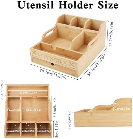 Kitchen Utensil Holder with Drawer, Farmhouse Spatula Organizer for Countertop,Large Capacity Flatware Spoon Forks Knives Cooking Tool Cutlery Holder for Party Picnic BBQ with 11 Compartments (Wood) - Image 2