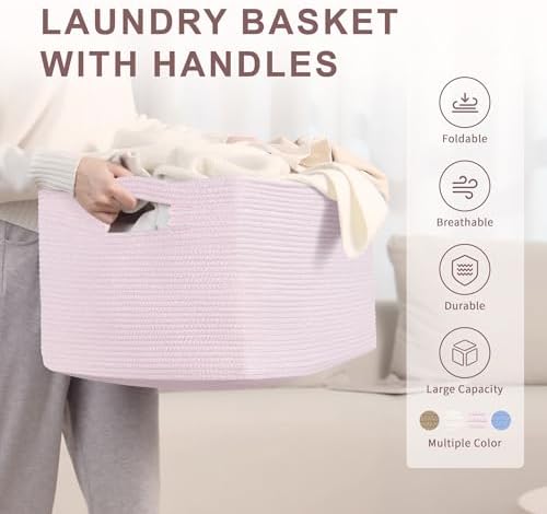 72L Large Woven Laundry Basket Hamper with Handles, Pink - Image 2