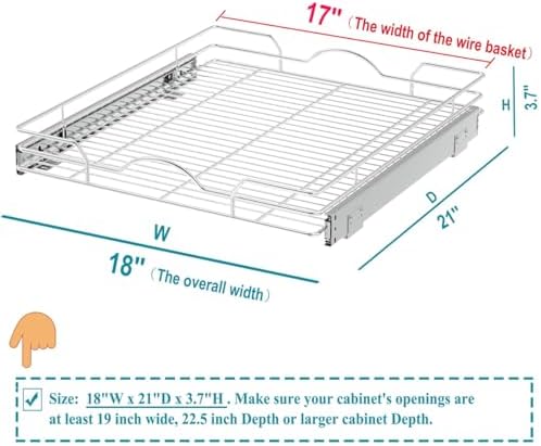 OCG Pull Out Cabinet Organizer 2 Pack (18" W x 21" D), Pull out Shelves 1 Tier, Cabinet Slide Out Shelves for Base Cabinet Organization in Kitchen Bathroom Pantry, Bottom Mount, Chrome Finish - Image 2