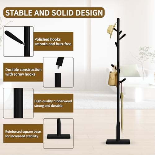 Solid Wood Square Base Coat Rack, Free Standing Hall Coat Tree with 8 Hooks（+2 spare for Coats, Hats, Bags, Purses, for Entryway, Hallway, Rubberwood Hooks,Base and Pole,(Square Base, Black) - Image 3
