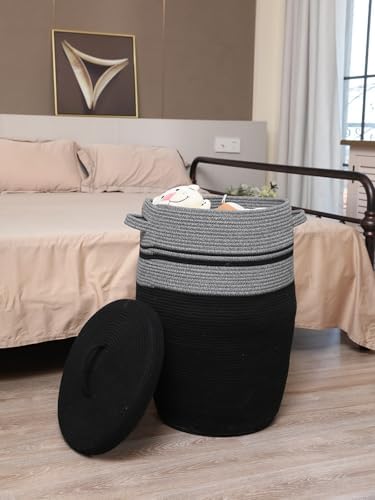 26"x20" Extra Large Tall Woven Laundry Basket with Lid, Cotton Rope Blanket Storage Basket, Freestanding Decorative Bin for Bedroom Living Room, Grey & Black Mix - Image 3