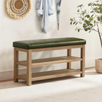Zihanhome Shoe Rack Bench with Leather Cushion, 2 Tier Solid Wood Storage Bench, Mid-Century Modern Shoe Bench for Entryway, Hallway, Closet, Front Door Entrance, Foyer (Green, 39.4") - Image 3