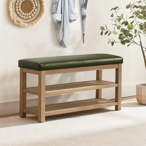 Zihanhome Shoe Rack Bench with Leather Cushion, 2 Tier Solid Wood Storage Bench, Mid-Century Modern Shoe Bench for Entryway, Hallway, Closet, Front Door Entrance, Foyer (Green, 39.4") - Image 3
