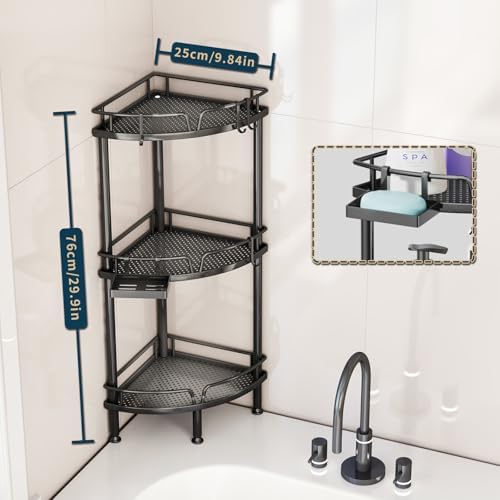 Consumest Corner Shower Caddy Stand - 3 Tier Shower Organizer with Soap Holder, Tall Floor Corner Shelves Standing with Adjustable Feet & 4 Hooks, Storage Rack for Bathroom Black - Image 2