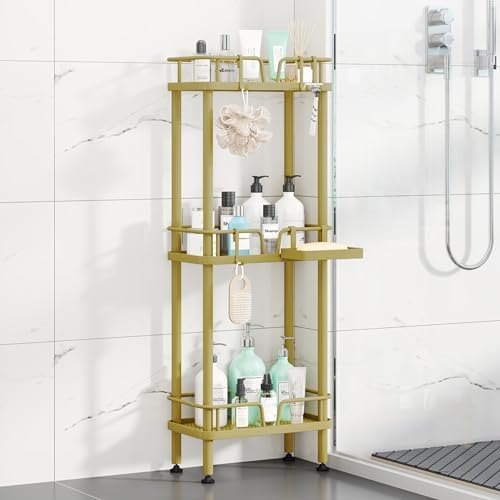 HapiRm Standing Corner Shower Caddy - 3 Tier Corner Shower Organizer with Soap Holder, Rustproof Stainless Steel Bathroom Shelf with 4 Hooks, Gold by HapiRm