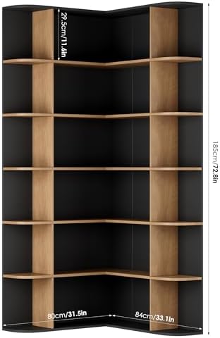 FOTOSOK 72" Corner Bookshelf, 6-Tier Bookshelf and Bookcase, Black/Brown - Image 2