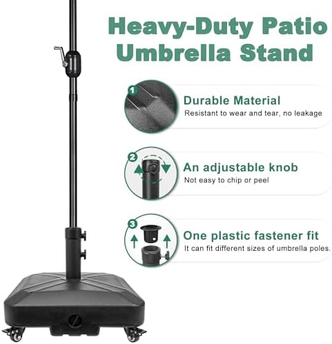 Patio Umbrella Base Heavy Duty with Wheels Square Market Stand for Outdoor 4 Locks 2 Knobs 125lb Capacity, Black - Image 6