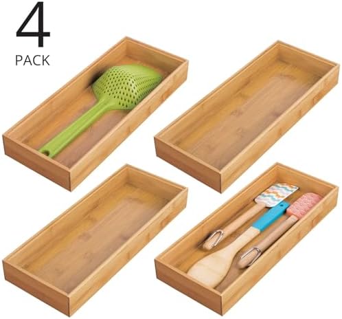 mDesign Wooden Bamboo Drawer Organizer - 15" Long Stackable Storage Box Tray for Kitchen Drawers/Cabinet - Utensil, Silverware, Spatula, and Flatware Holder - Echo Collection - 4 Pack, Natural Wood - Image 2
