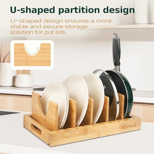 Wisreach Bamboo Pot Lid Organizer, Adjustable Kitchen Organizer for Cabinet, Expandable Pot and Pan Storage Rack, Kitchen Organization for Lids, Bakeware, and Cutting Boards - Image 3