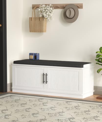 Akxomel 39.4" Fluted Shoe Storage Bench 2 Doors Wooden Entryway Bench White - Image 2