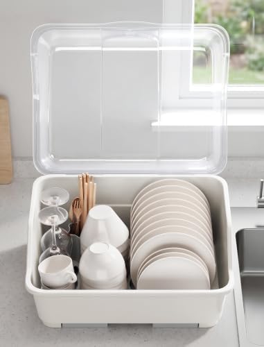 Tomorotec Plastic Dish Drying Rack & Drain Board with Lid Cover Light White - Image 3