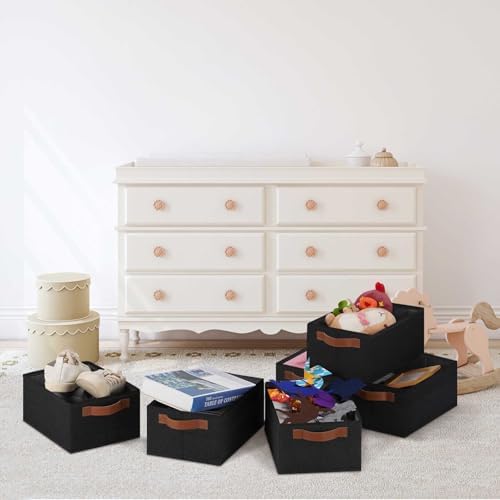 GhvyenntteS Small Fabric Storage Bins 6 Pack, 11.8" x 7.87" x 5.11" Storage Basket with Leather Handles, Closet Storage Bins for Shelves, Storage Baskets for Shelves, DVD Storage (Black) - Image 5