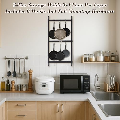 MorningRo 37” Pot and Pan Hanging Rack Wall Mounted, 3 Tier Iron Vertical Hanging Pan Organizer Shelf with 8 S Hooks Hanger for Kitchen Utensils, Space Saving Storage for Cookware - Image 3