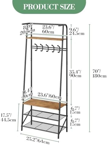 25" Coat Rack Hall Tree with Hooks, 4-Tier Shelf Entryway Storage Hall Tree Freestanding Metal Frame Multifunctional Hallway Organizer, Accent Furniture for Bathroom, Shoe Bench Entryway - Image 4