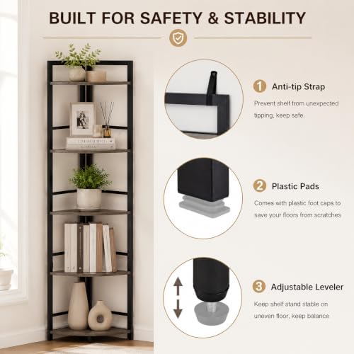 BON AUGURE Industrial Corner Shelf Stand, Tall Corner Bookshelf, Wood Metal 5 Tier Bookcase Shelves, Display Shelving Unit for Kitchen, Living Room (Dark Grey Oak) - Image 3