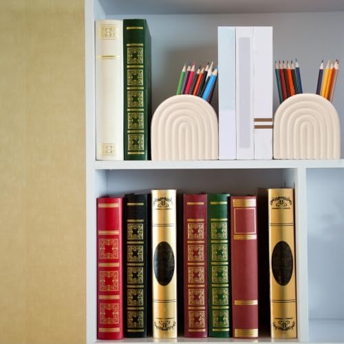 Decorative Ceramic Bookend Pen Holder for Shelves, Boho Style Set of 2, Aesthetic Rainbow Arch Heavy Duty Book Ends Stopper for Book Shelf Home Office Library Decor(Beige) - Image 2